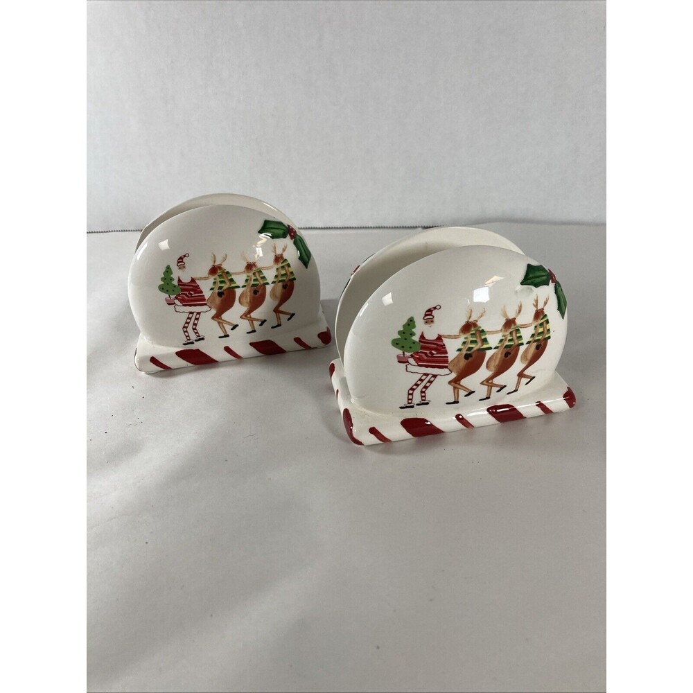 Collections Santa Reindeer Napkin Holder Set Of 2 Holly Tree Candy Cane Vintage - Picture 9 of 11